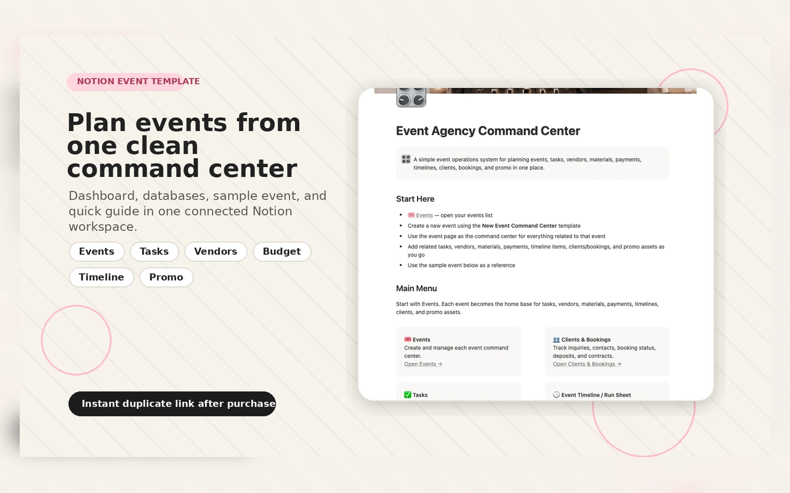 Event Agency Command Center Notion event planning template preview